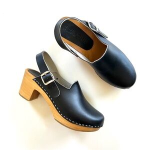 BJORK Black Genuine Leather SVEA Wood Fashion Buckle Strap Clog Sandals